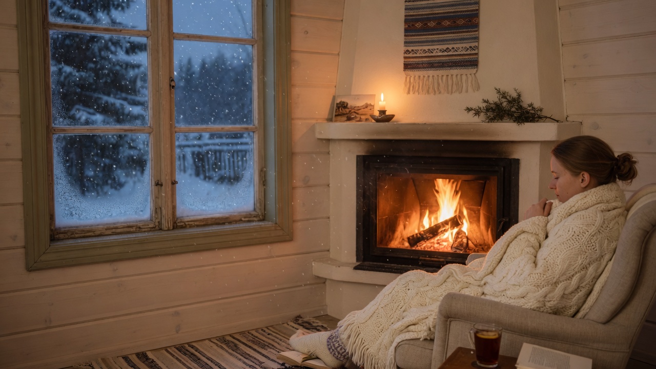 Cozy Estonian cabin interior with warm light and soft blankets — Mugavlus hero